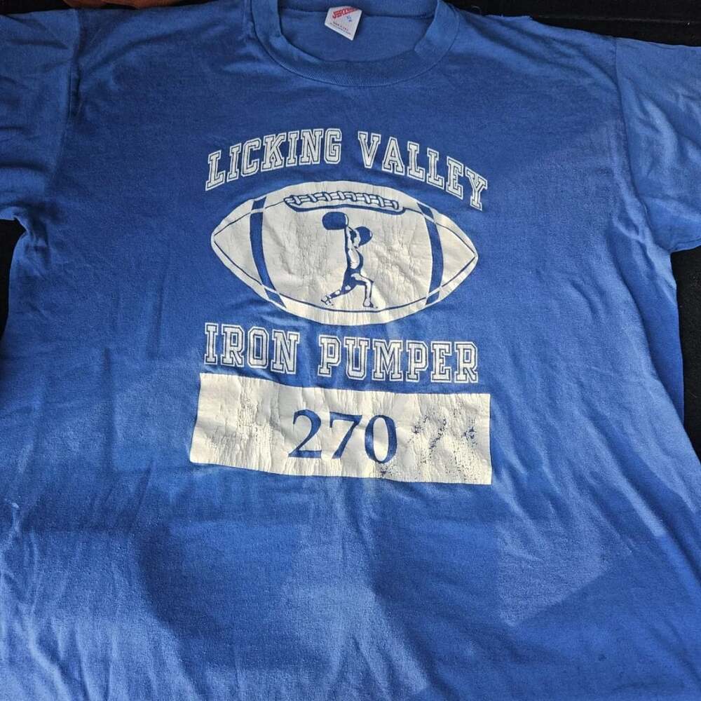 Vintage Jerzees Licking Valley Iron Pumper 270 Blue T-Shirt XL Made in USA
